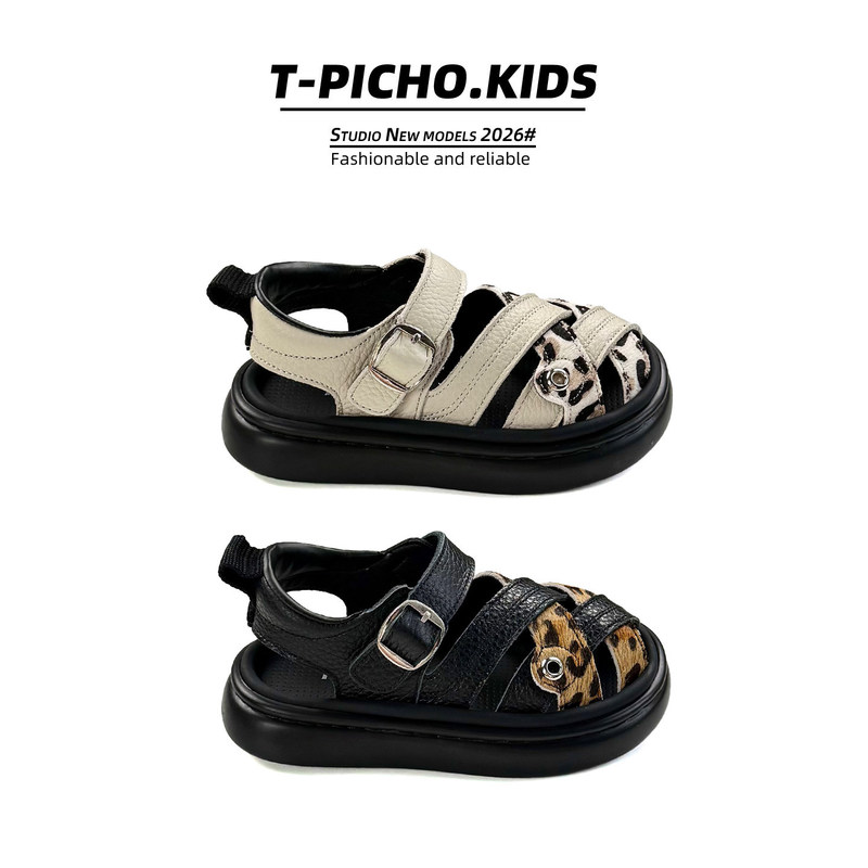 Children's Leather Sandals with Closed Toe, 2026 Summer New Style, Genuine Horsehair Leopard Print, Boys' and Girls' Casual Beach Shoes