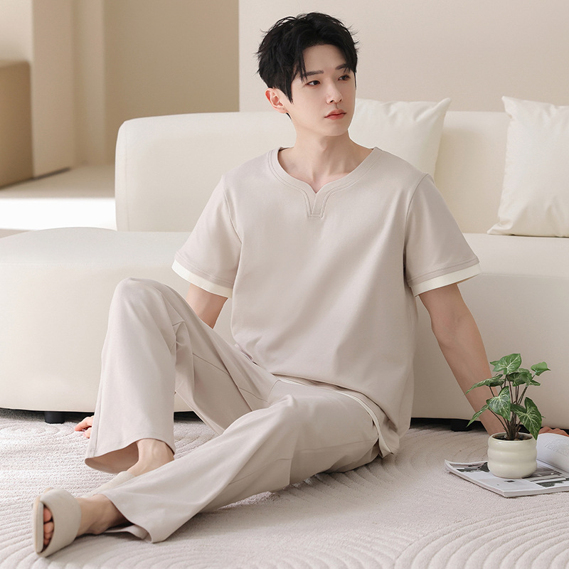 100% Pure Cotton Youth Pajamas for Men, Summer Short-Sleeved Long Pants, Casual Wearable Cotton Home Clothes, Men's Suits