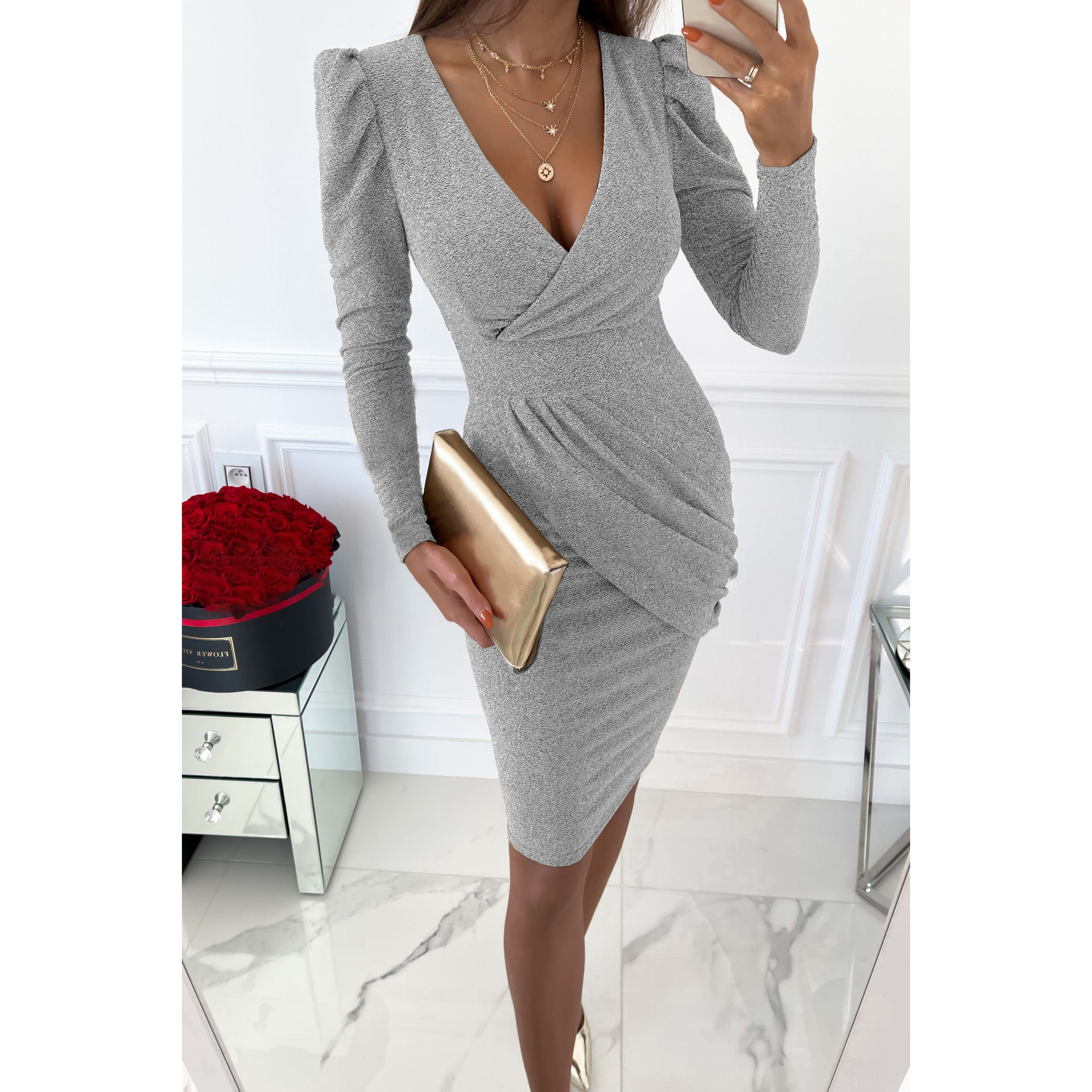 Damenbekleidung, langärmliges Freizeitkleid mit Gold- und Silberfaden, modisches Partykleid mit Puffärmeln_voghion.com