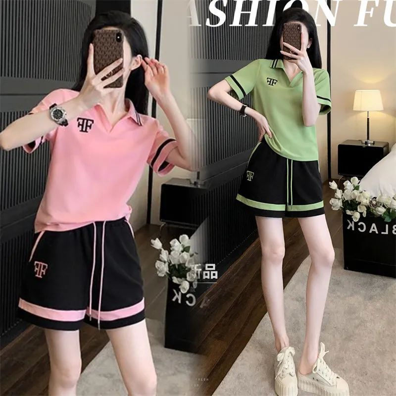 Women's Summer New European High-end Salt Polo Collar Short-sleeved Two-piece Fashionable Casual Sportswear Shorts suit