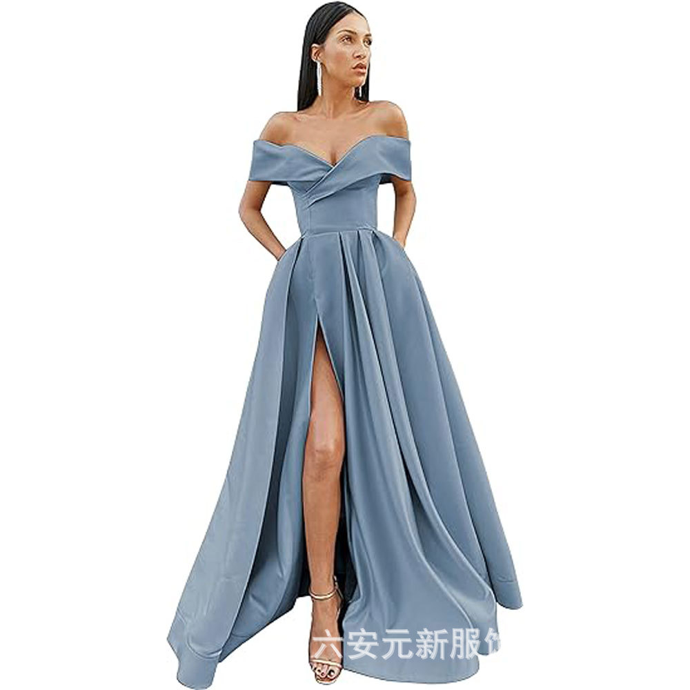 Amazon Comercio exterior fuera del hombro prom vestido de noche largo split sexy Fiesta de las mujeres vestido de banquete