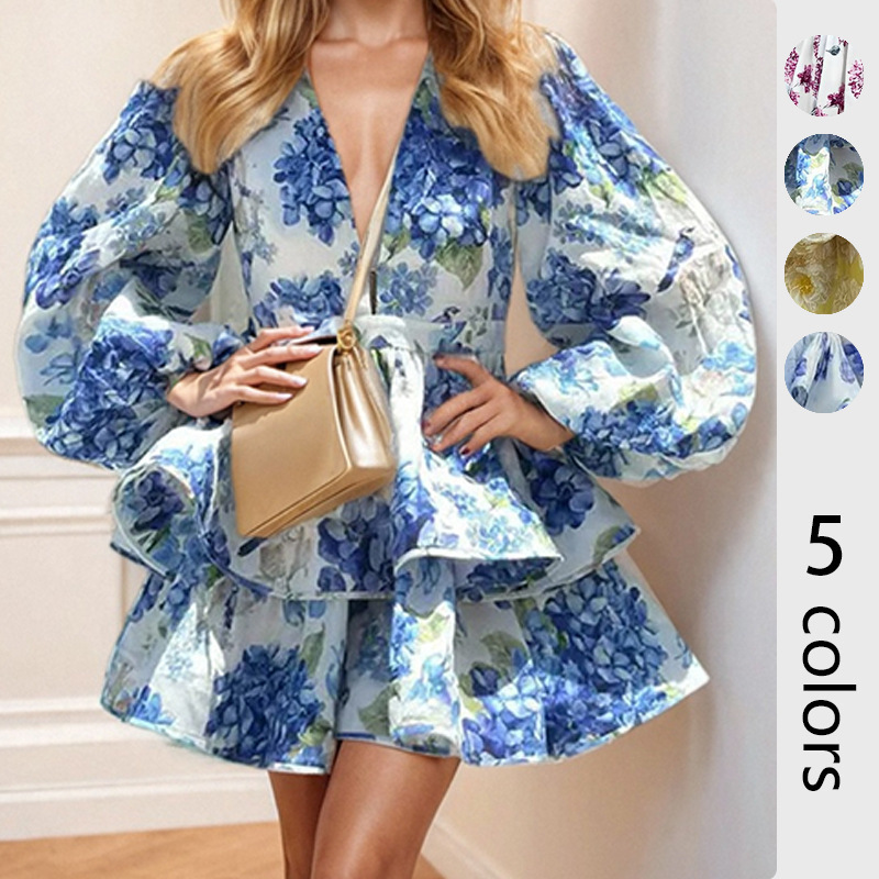 European and American Foreign Trade Women's Clothing, New Summer Cross-Border Dresses, Fashionable Casual Printed Short Skirts, French-Style Dresses for Women