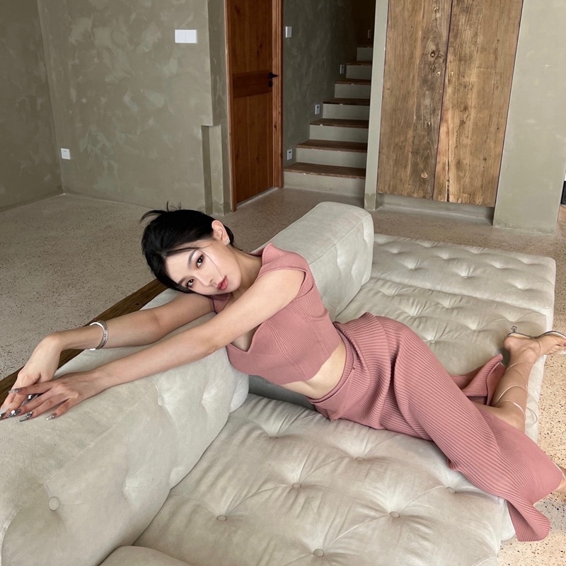 (2개) 봄 두 조각 우아한 섹시한 치마 조합 연꽃 뿌리 전분 컬러 뜨거운 소녀 탑 높은 허리 엉덩이 스커트 여성 사용자 정의