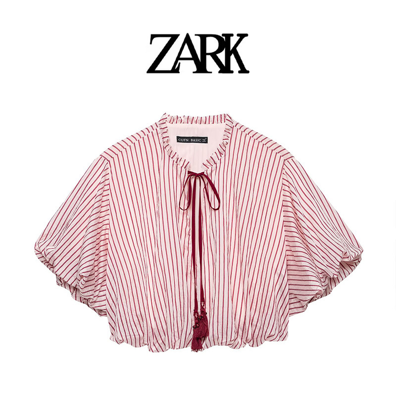 Zark European and American New Style Short-Sleeve Striped Bowknot Tassel Balloon-Style Top Cross-Border Foreign Trade Women's Clothing Wholesale