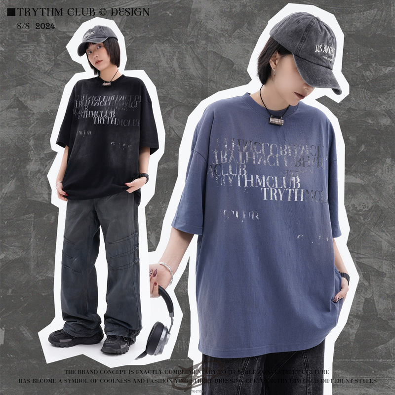 Trythmclub American Retro Slogan Gradient Printed Loose Jacket Half-Sleeved Summer Short-Sleeved Small Neckline T-Shirt