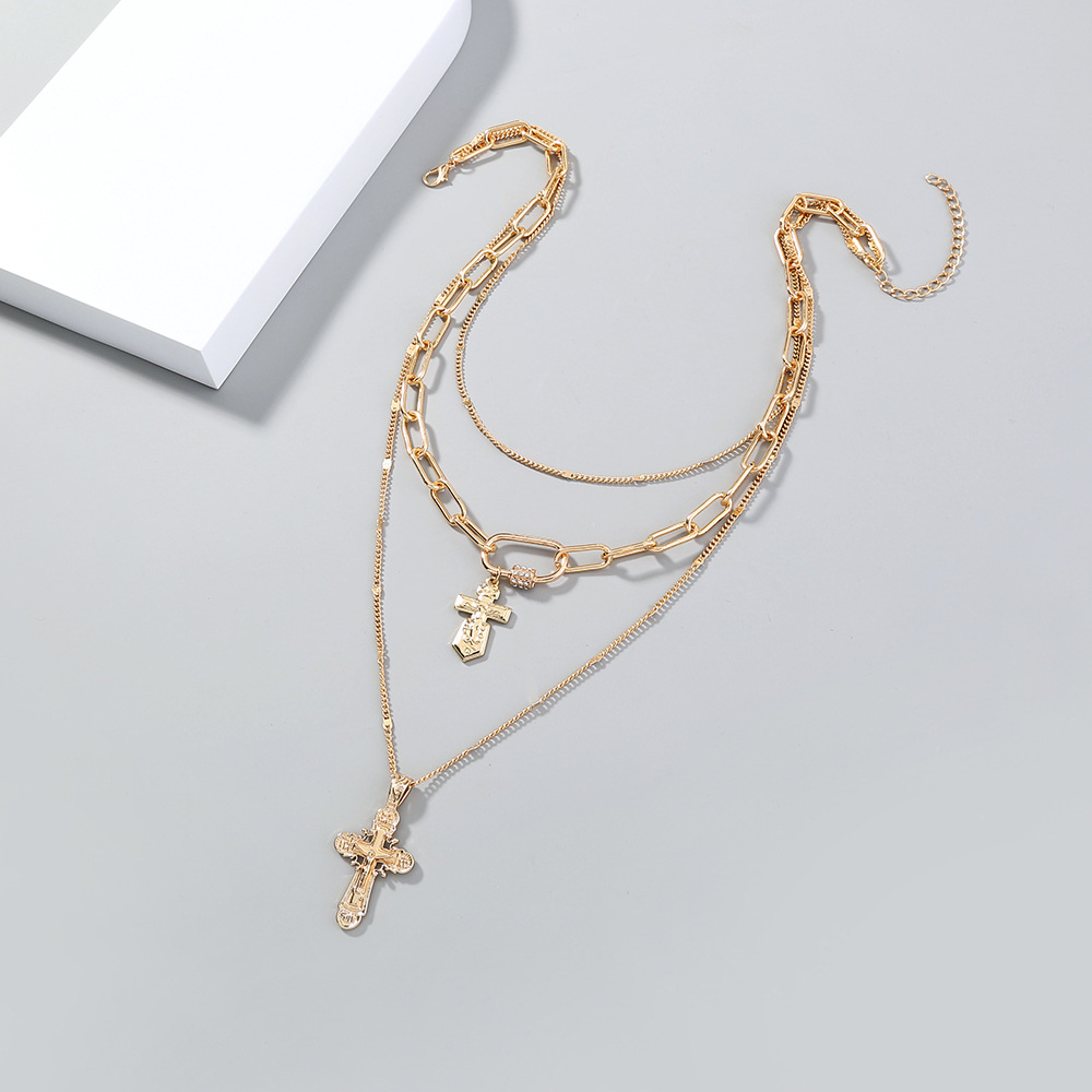 Hipsters Rétro Double Croix Pendentif Boucle En Treillis Collier En Alliage Multicouche display picture 1