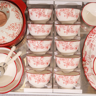 Dish Set for Home Use, High-Looking Red Housewarming and Wedding Ceramic Dishes and Porcelain, New Year Gift Box for Newlyweds