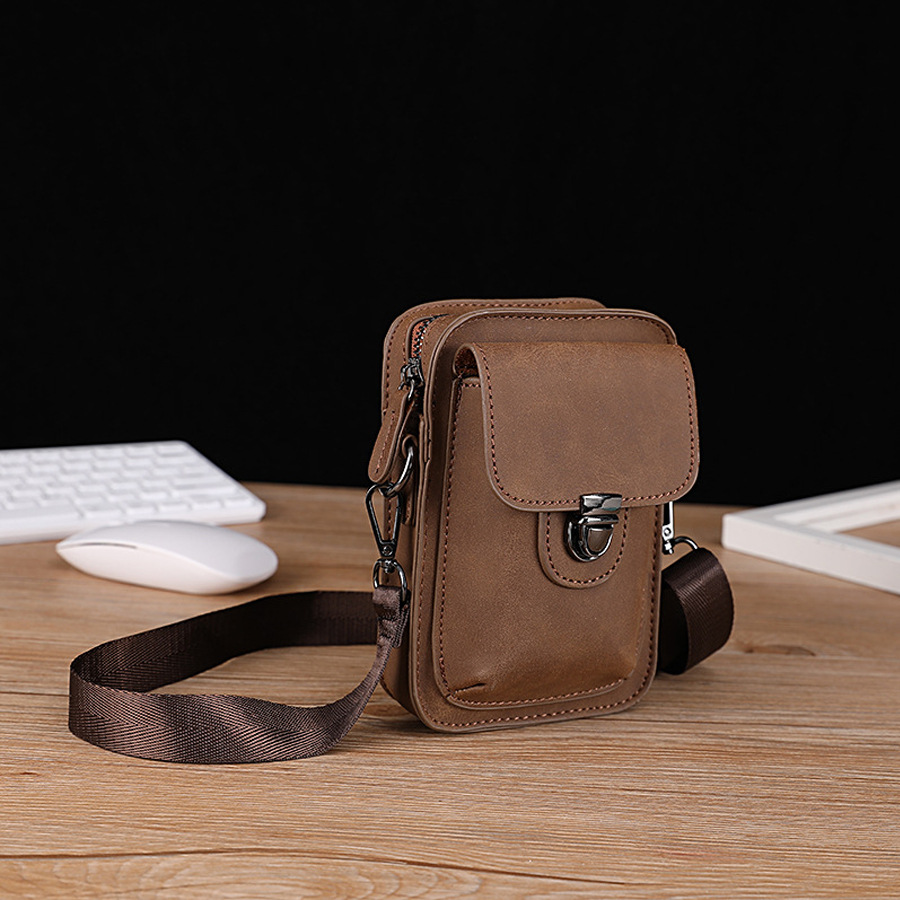 2026 single-shoulder bag, small outdoor casual mini waist bag, crazy horse leather cigarette bag, phone bag, crossbody bag, men's bag