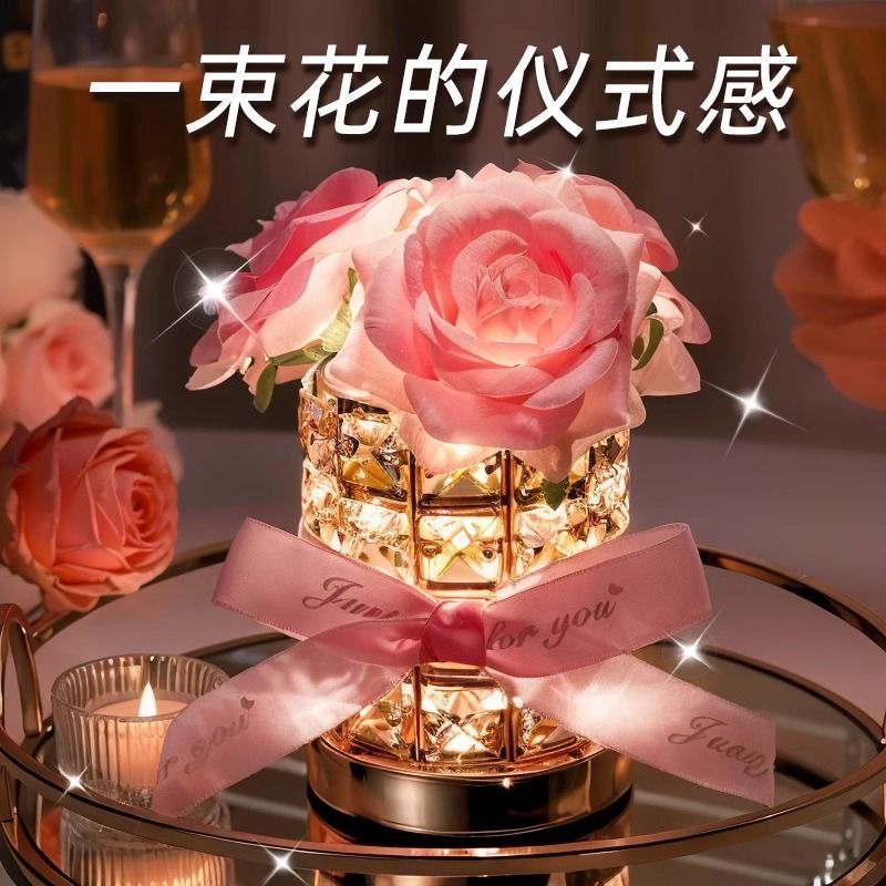 跨境圆形玫瑰水晶灯触摸三色变光遥控七彩氛围装饰台灯送女友礼物|undefined