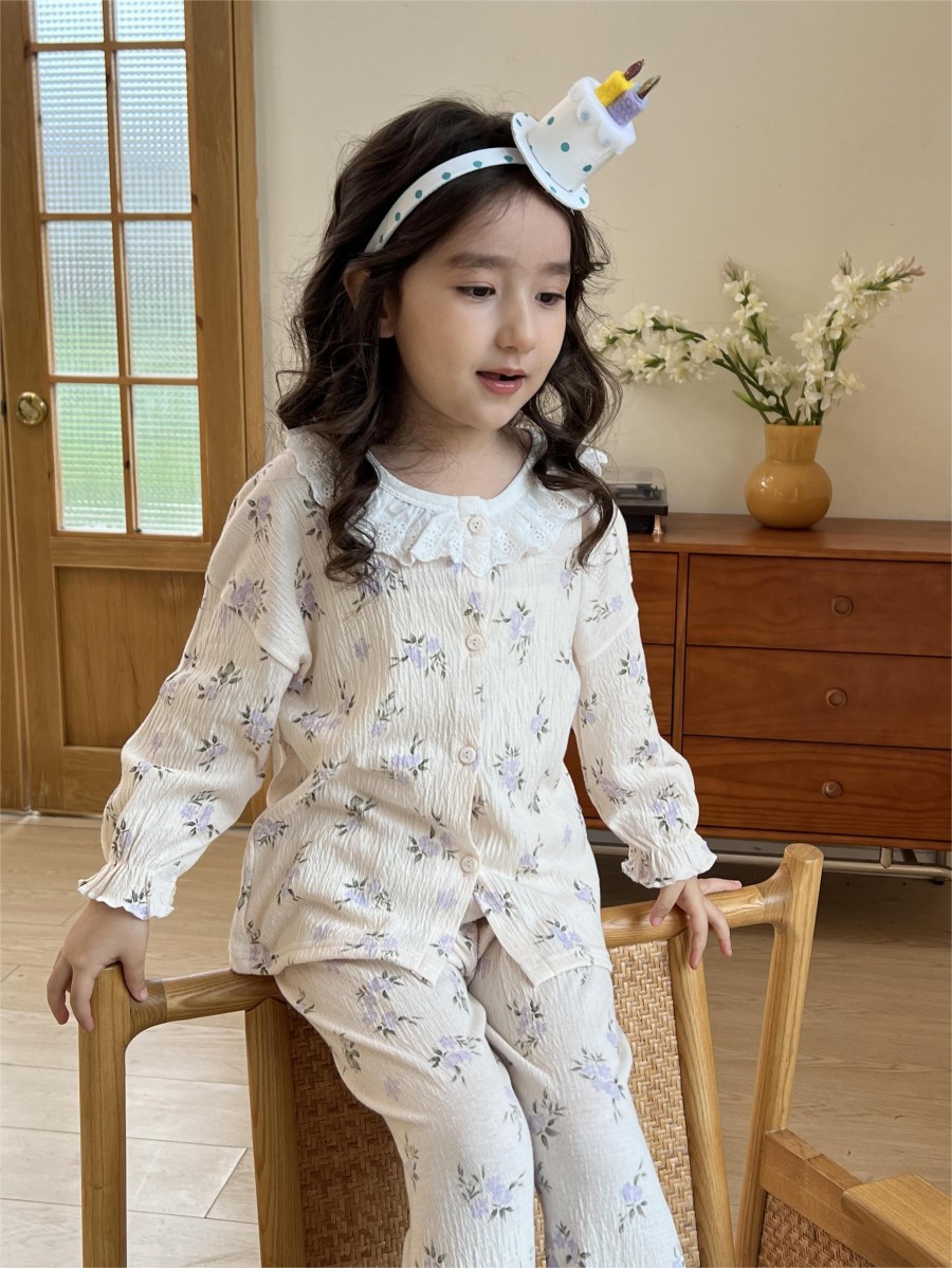 Cardigan de primavera para niños, set de algodón elástico coreano lindo ropa de aire acondicionado, pijamas de encaje, ropa para el hogar para bebés