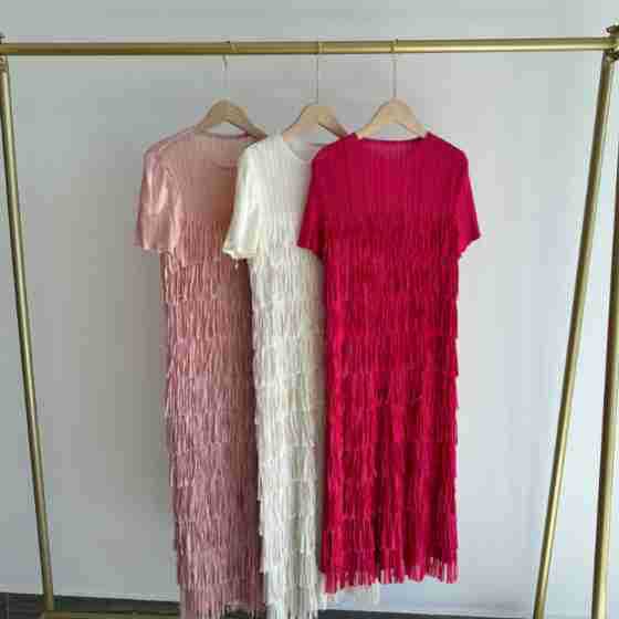 [Special Clearance] Spring and Autumn Pleated dress Fashion Tassel Printing Temperament High-end Women's Mid-length Women