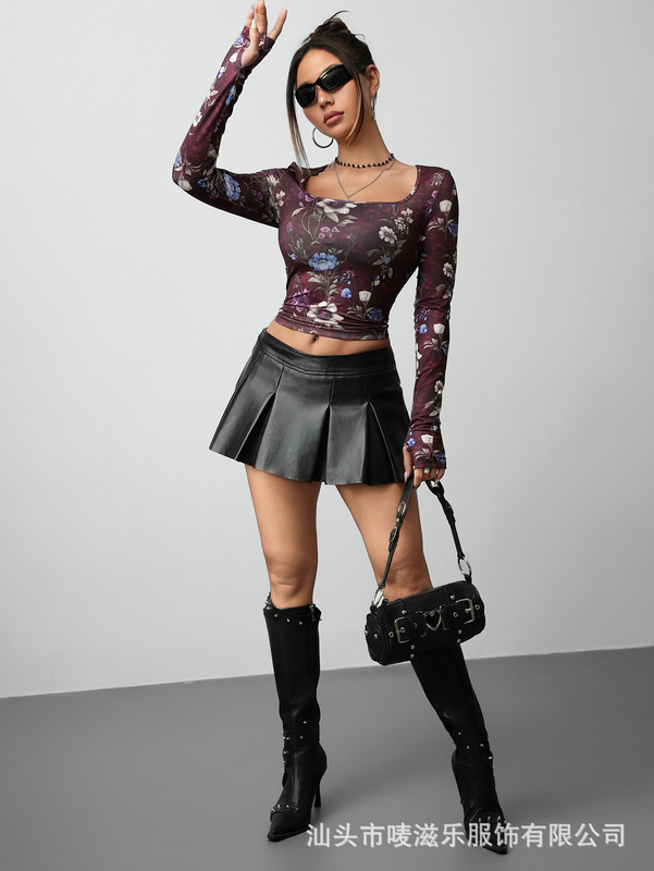 2025 新ヨーロッパとアメリカンスタイルのファッショナブルなセクシーなトップスクエアカラー長袖花柄タイトな服 U ネック Tシャツ|undefined