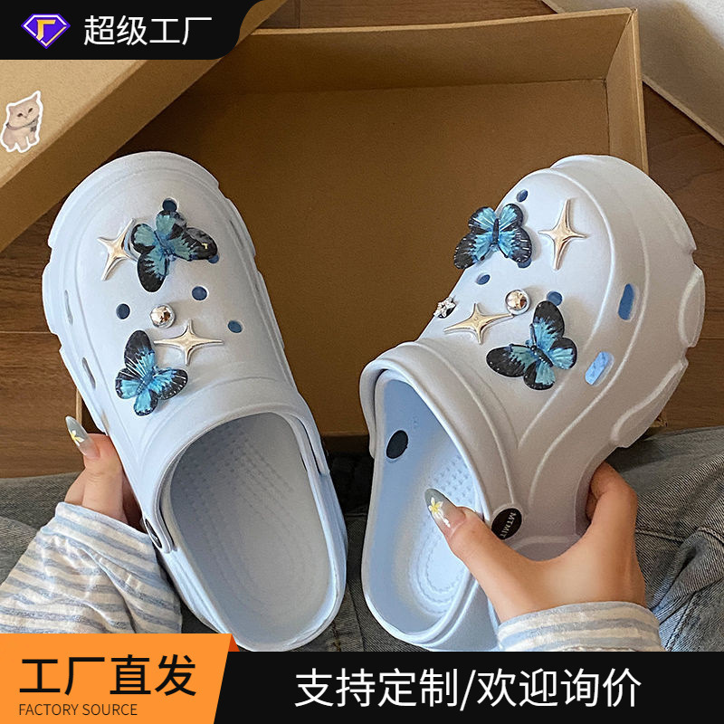 Ins Blue Butterfly High-Heeled Clogs for Women, New Summer Model with Arch Support, Height-Increasing Thick Sole, Closed-Toe Slippers Ins Blue Butterfly High-Heeled Clogs for Women, New Summer Model with Arch Support, Height-Increasing Thick Sole, Closed-Toe Slippers