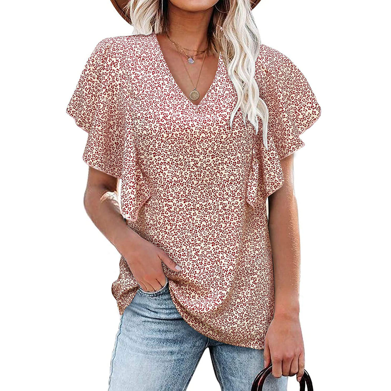 V-neck floral/leopard print pleated short-sleeved loose top NSLZ130375