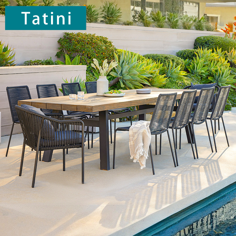 Mesas y sillas para patio exterior, terraza de jardín, mesa larga sencilla, mesa impermeable y resistente al sol para hoteles, villas y resorts.