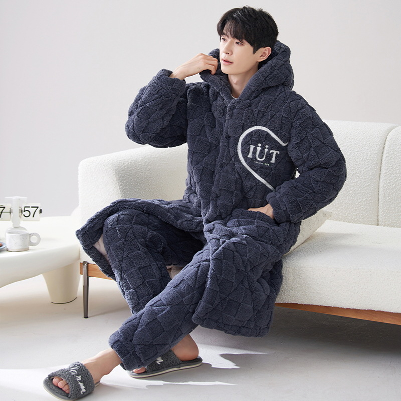 Pijamas de invierno para hombre 2024, bata acolchada de tres capas de longitud media, forro polar coral cálido con capucha, informal y grueso para uso exterior
