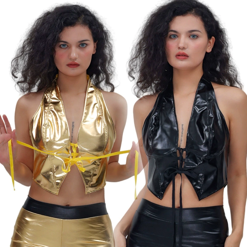 Сексуальный жилет на бретельках для внешней торговли, металлический жилет с воротником на шее, без рукавов, с открытой спиной, одежда для выступлений, карнавальная вечеринка, одежда из лакированной кожи