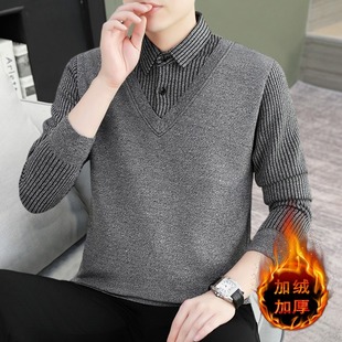 Men's Sweater Fake Two-piece Autumn and Winter New Korean Style Led Knitted Sweater fleece-lined Shirt Collar Autumn and Winter fleece-lined Thickened