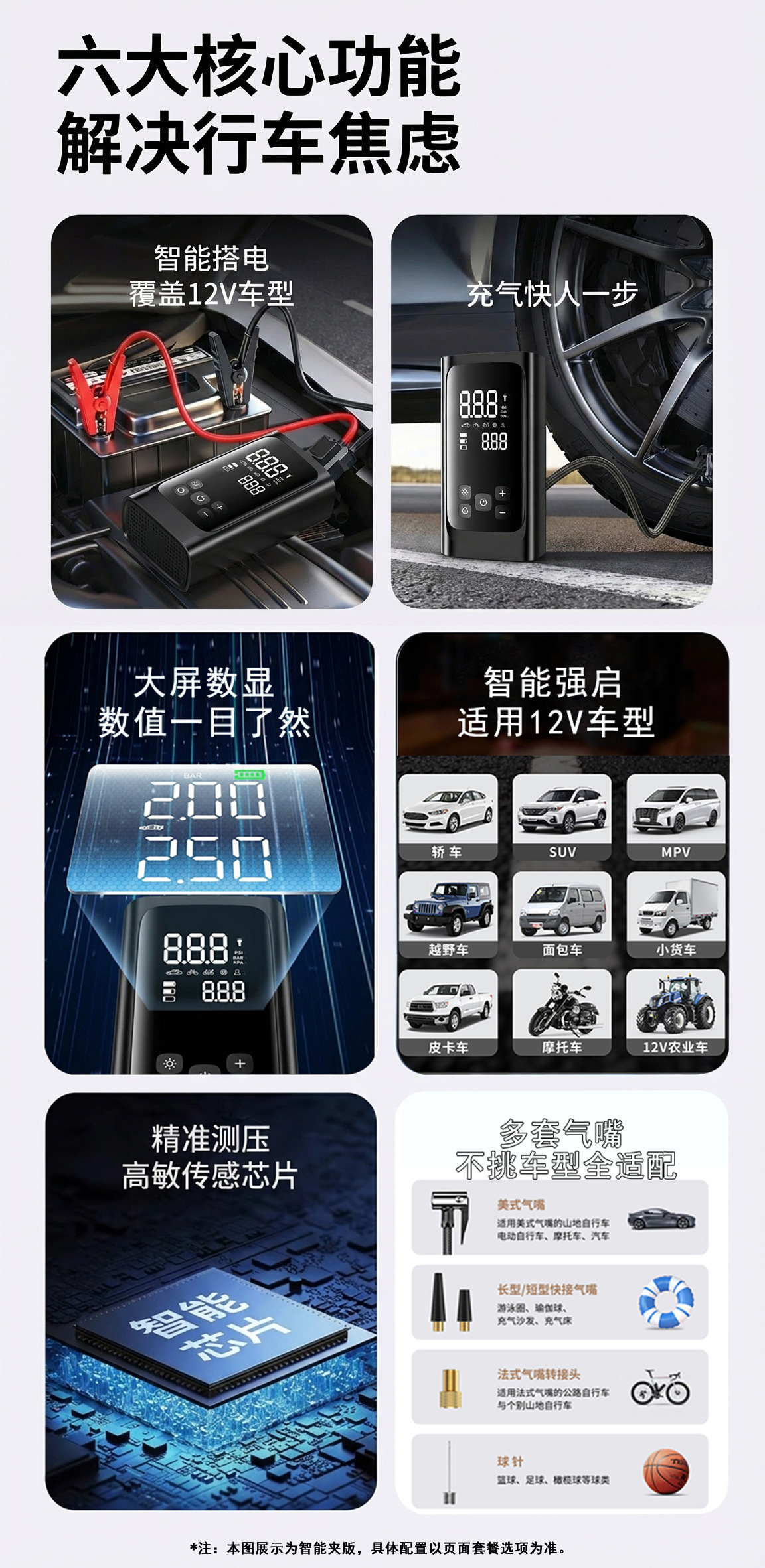 Car-mounted air pump and emergency power supply all-in-one device with power bank, portable tire inflator, and battery jump starter