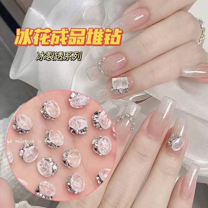 Small Ice Crackle Nail Art with Stacked Rhinestones, New Finished Product, White Rock Candy Stacked Rhinestone Balls, Super Shiny Nail Decoration with Stacked Rhinestones