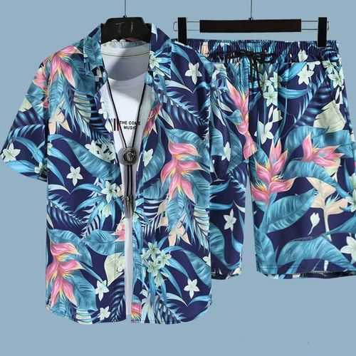Men's Casual Set, Quick-Drying Hawaiian Beach Set, Men's Short-Sleeve Flower Shirt and Beach Shorts, Couple's Matching Two-Piece Set