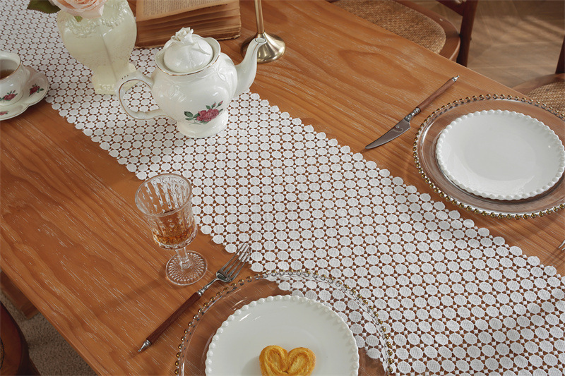 Rustic Romantic White Hollow Floral Lace Table Runner Decor_voghion.com