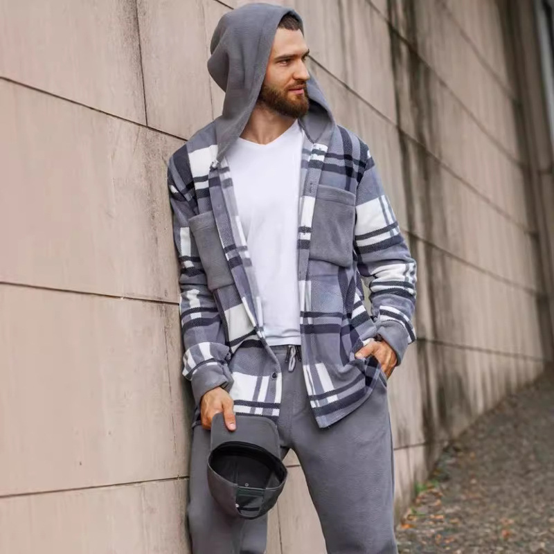 European and American Flannel Men's Jacket 2024 New Amazon Long Sleeve Hooded fleece-lined Warm Casual Men's Jacket