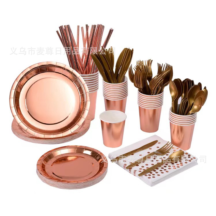 Puro oro rosa desechable Hotel vajilla suministros barbacoa al aire libre banquete fiesta de cumpleaños plato papel taza cuchillo, tenedor y cuchara