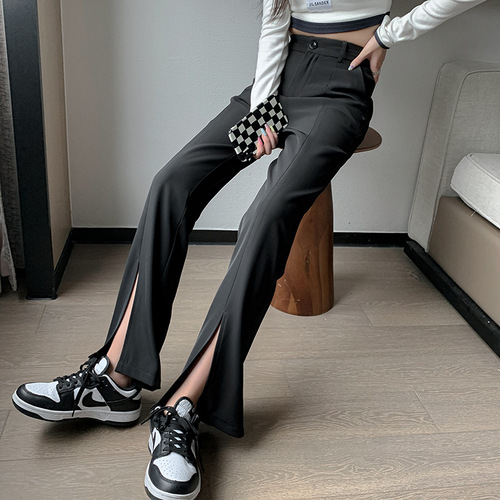 Real shot of slit wide-leg pants for women in spring and summer straight high-waisted nine-point suit for small men with floor-length mopping pants