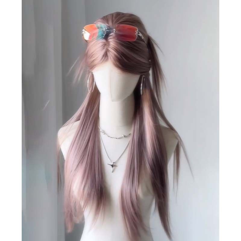 Perucă Koni [Fată Asiatică Atrăgătoare] Perucă Naturală de Vară cu Eleganță Asiatică în Roz Pudrat, Păr Lung și Drept