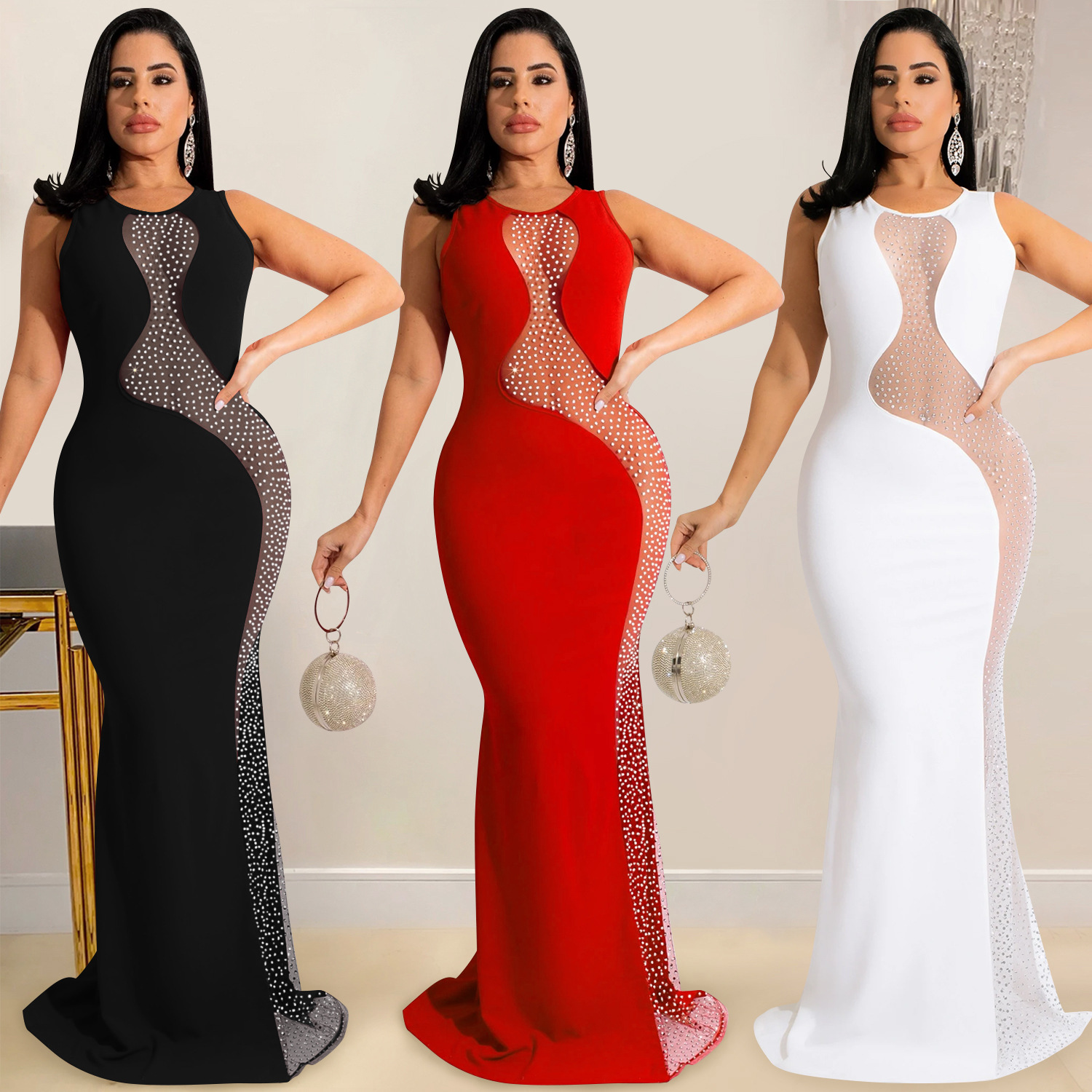 X5580 AliExpress Amazon discoteca estilo sexy rhinestone malla transparente sin mangas backless vestido de las mujeres