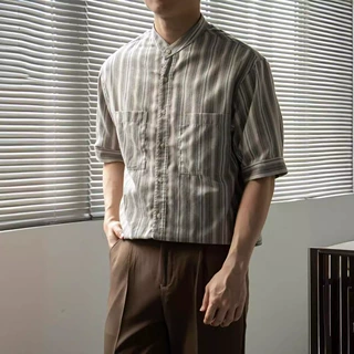 能盟条纹双口袋立领衬衫男中袖休闲口袋夏季男士衬衣短袖韩版潮流