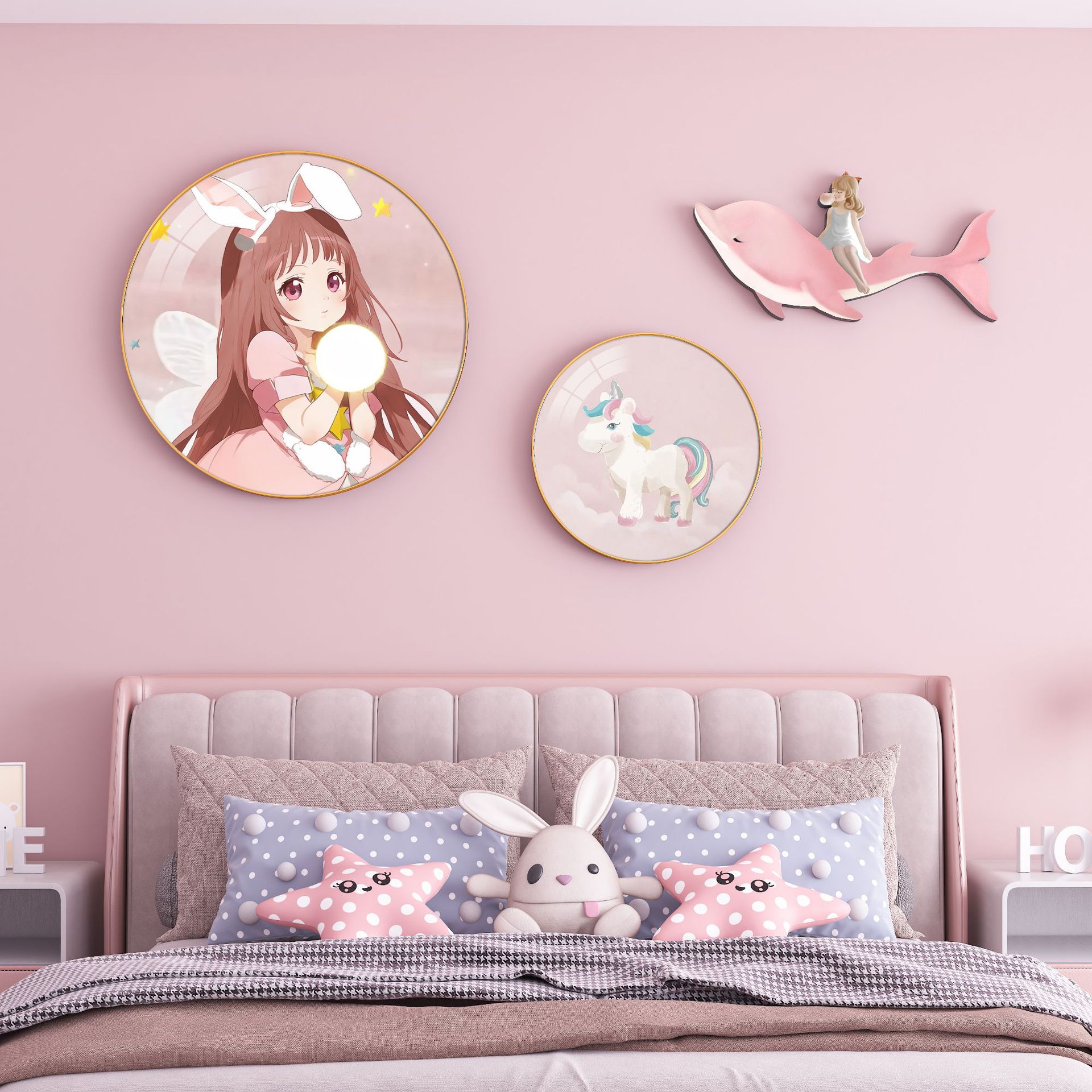 Creative Nordic Children's Room Bedside Decor Painting Round Hanging Art Pink Girl's Room Decoration Wall Art