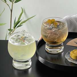 创意山底玻璃水杯 圆润杯身矮脚冷饮杯 粉色透明实心厚底果汁杯