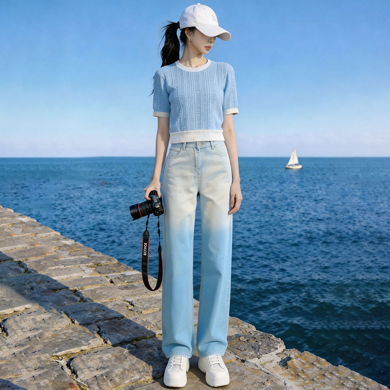 French-Style Round-Neck Knit Sweater, Summer Thin Short-Sleeve T-Shirt Top, Wide-Leg Jeans, Women's Straight Loose Long Pants