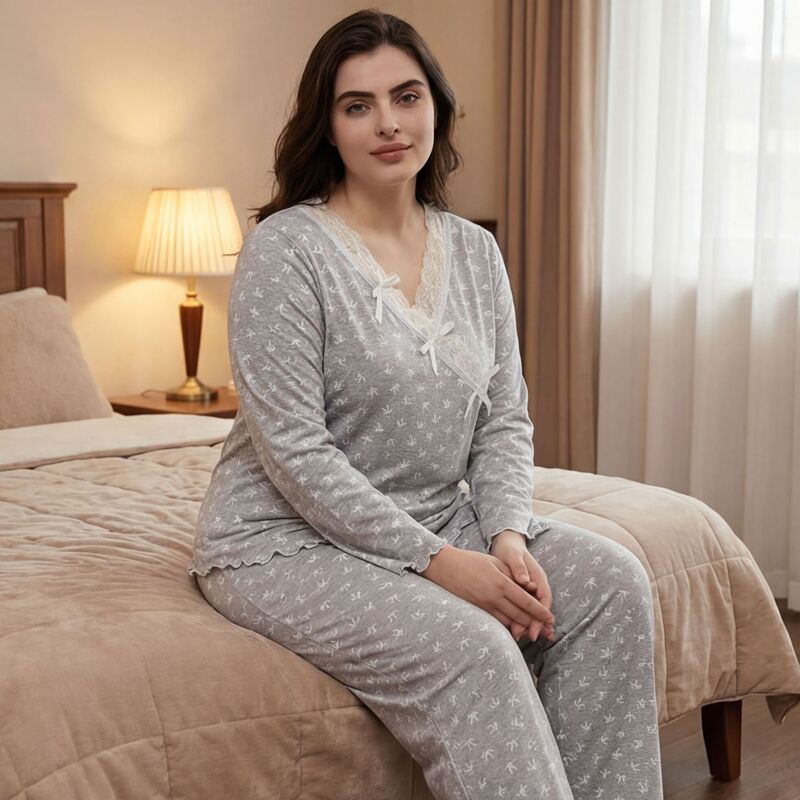 Foreign Trade Cross-Border Women's Full-Body Printed Plus-Size Pajama Set, Spring and Autumn Long-Sleeve Loose Long Pants Two-Piece Set Foreign Trade Cross-Border Women's Full-Body Printed Plus-Size Pajama Set, Spring and Autumn Long-Sleeve Loose Long Pants Two-Piece Set