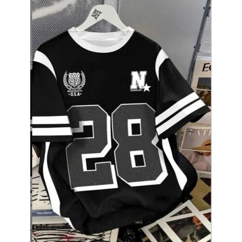 2025 American High Street Leisure Sports Baseball Collar Contrast-Color Short-Sleeves Long Sleeves Women's Summer Loose Print Half Sleeves
