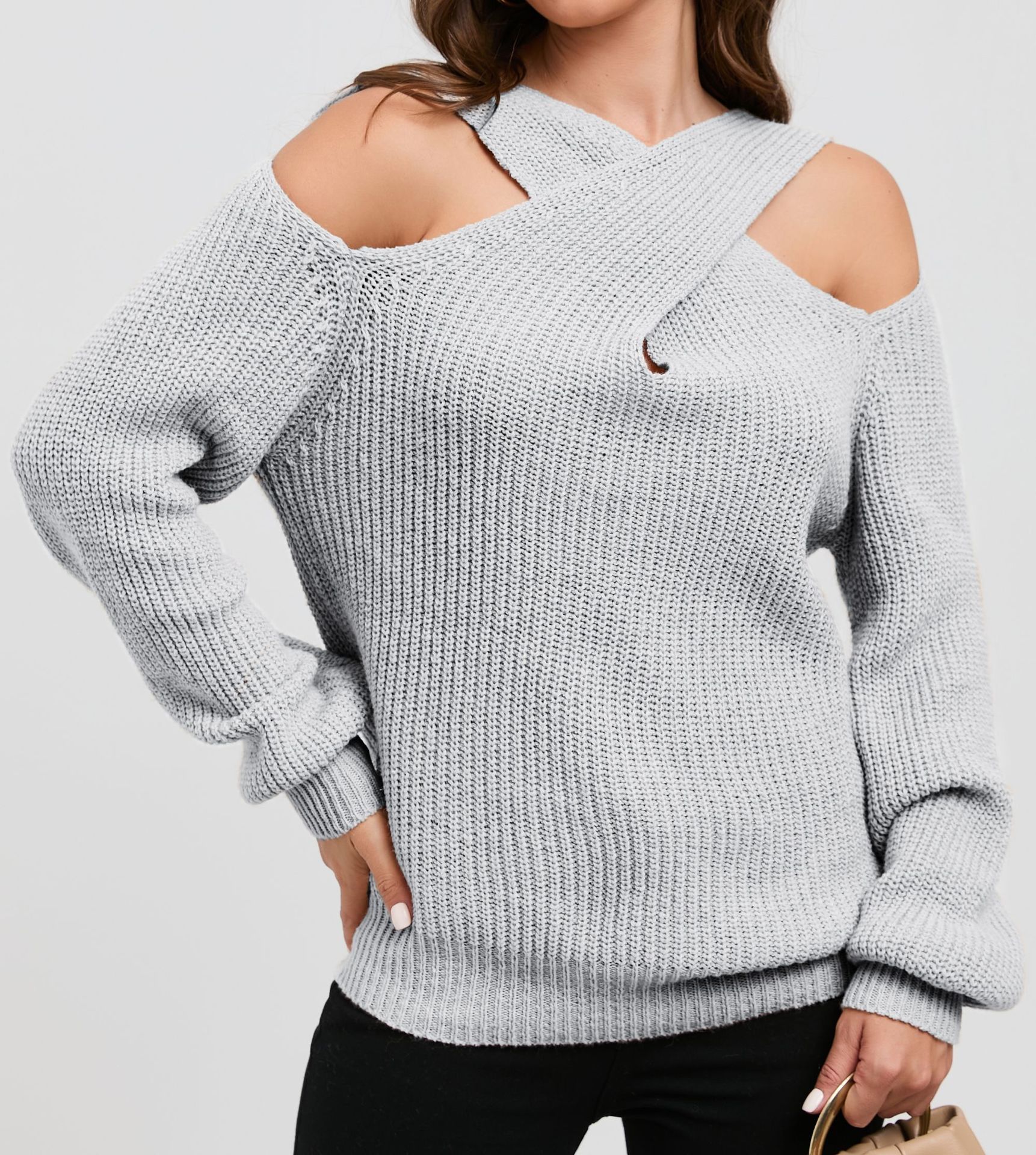 2023 nuevo Amazon primavera y otoño color sólido fuera del hombro Cruz Halter linterna manga suéter para mujeres
