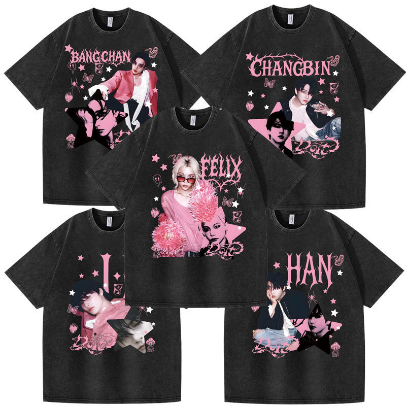 Cross-Border Washed Distressed Support Stray Kids Do It Autumn and Winter Base Combination Peripheral Printed Short Sleeves