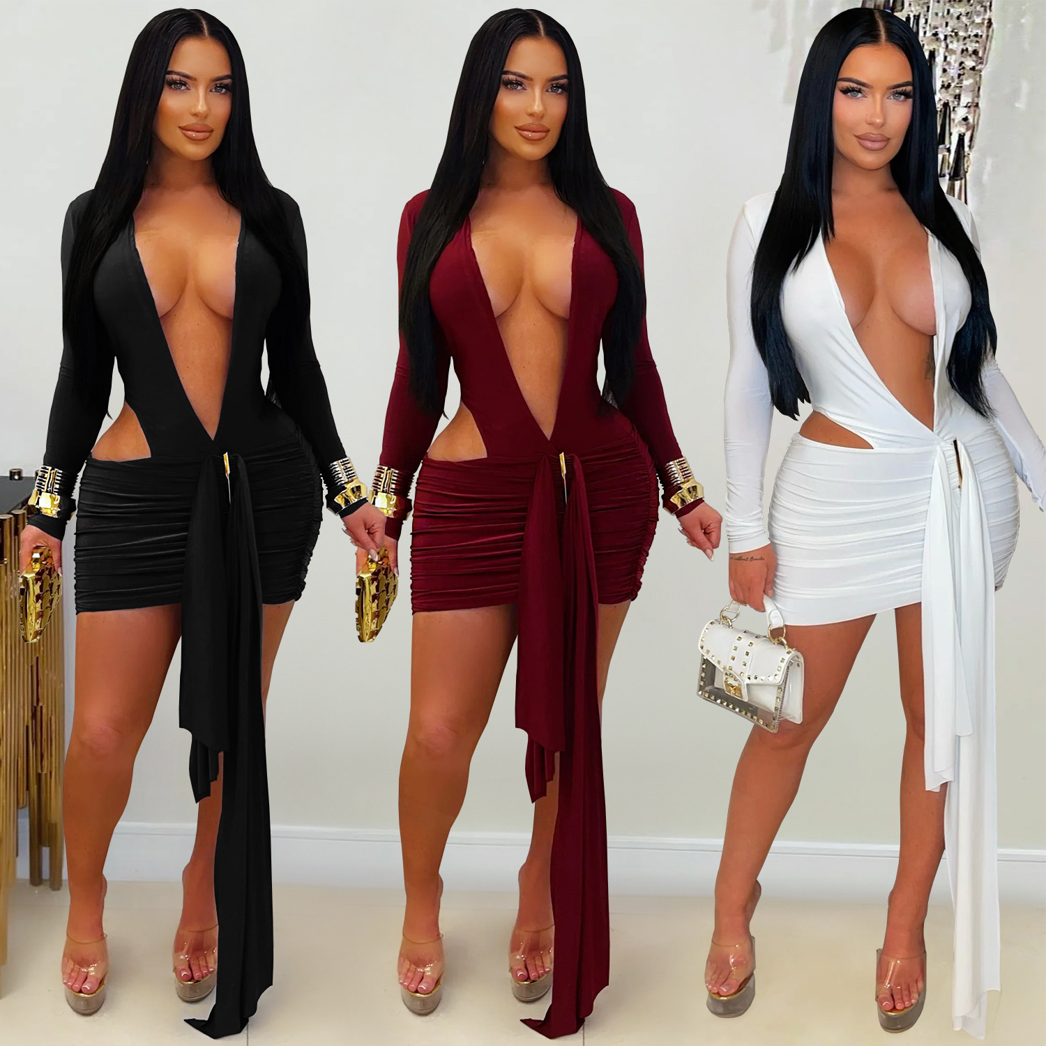 C7607 cross-border AliExpress Amazon Europa y América ropa de moda femenina sexy oscura V vestido de correa de color sólido vestido corto nuevo