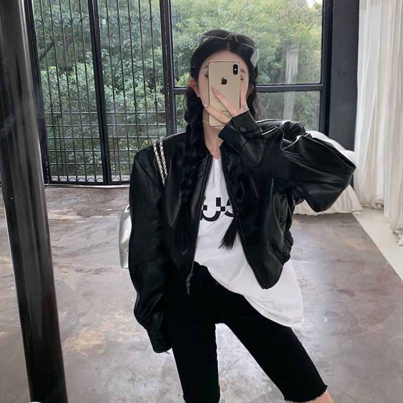 Trendy Hong Kong Style Retro 2025 New Leather Jacket for Women Petite Loose Versatile Short Zipper Jacket Top