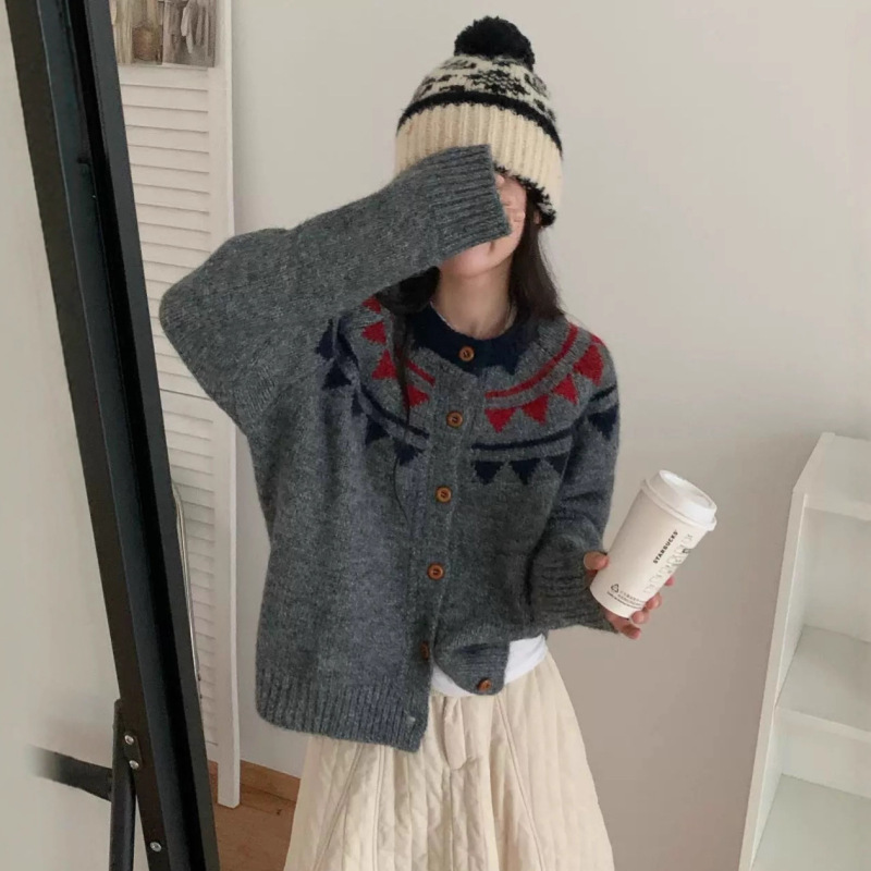 复古提花费尔岛圆领针织开衫女秋冬新款宽松慵懒软糯百搭毛衣外套|undefined