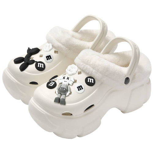 Cartoon Cotton Boot for Women, Autumn/Winter Outerwear, 2024 New Style, Thick Sole, Height Increasing, Non-Slip, Two-Wear, Fleece Lining, Warm, Hairy Hole-to-Hole Shoes