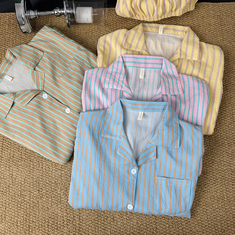 Coreano simple contraste rayas pijamas mujeres 2026 nuevo verano relajado pantalones largos de manga larga ropa para el hogar dos piezas