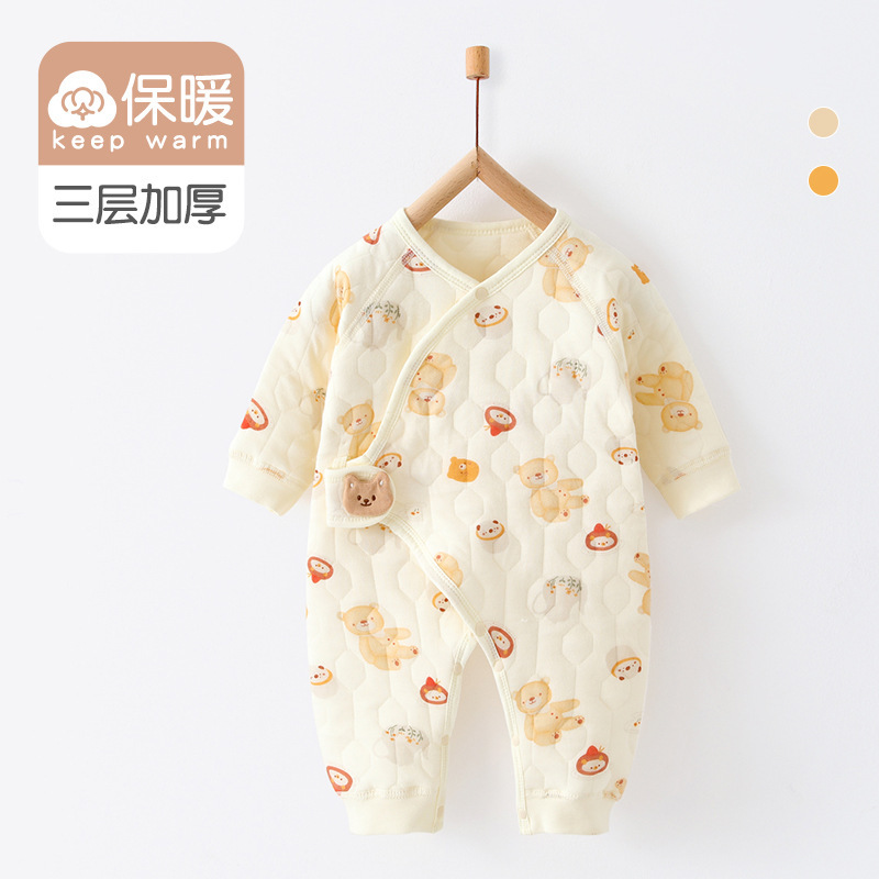 Clearance】Baby Romper Three-Layer Warm Cotton-Padded Clothes for Boys and Girls Newborn Clothes Belly Protection Jumpsuit