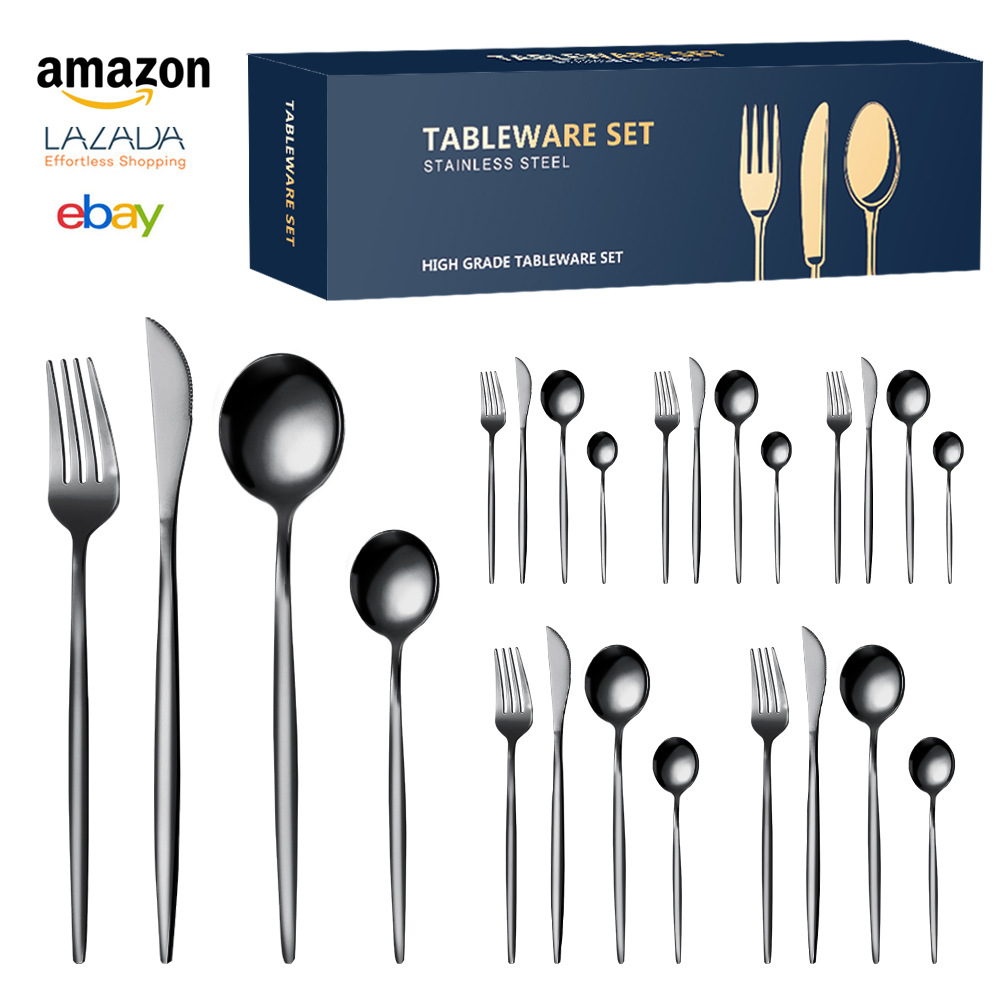 Amazon cross-border Portuguese stainless steel tableware Western steak knife, fork and spoon set titanium plated 24-piece gift box