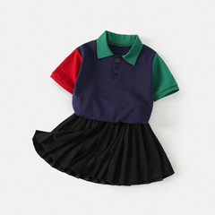 女童POLO衫百褶裙套裝防走光裙子拼色翻領t恤短袖夏季穿搭