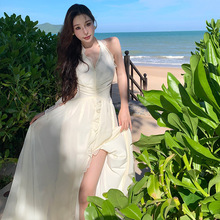 超仙米白色雪纺深V领开叉大裙摆仙裙挂脖吊带连衣裙度假