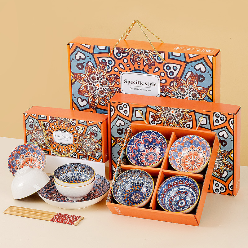 Ceramic Tableware Bohemian Dishes and Plates Set Cross-Border Ceramic Bowls Movable Bowls and Chopsticks Gift Box Opening Gift Batch