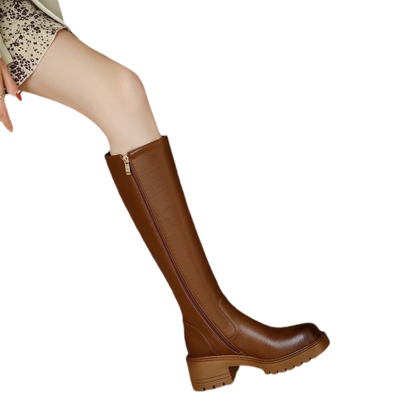 英国風騎士ブーツ ハイブーツ レディース サイドジッパー 2025秋冬新作 ラウンドトゥ ハイヒール 太ヒール レディースブーツ 卸売